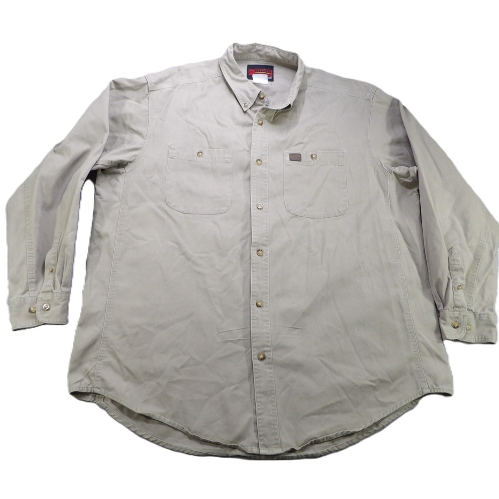 Wrangler Riggs‎ Workwear Men Button Down Shirt Tan Cotton Canvas Long Sleeves XL